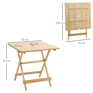 Table de jardin camping pliable plateau à lattes dim. 70L x 70l x 70H cm espace parasol bois sapin pré-huilé