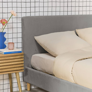 Lit avec sommier à lattes et tête de lit. L 202 x P 148 x H 89cm. gris. finition velours côtelé (grosse côte)