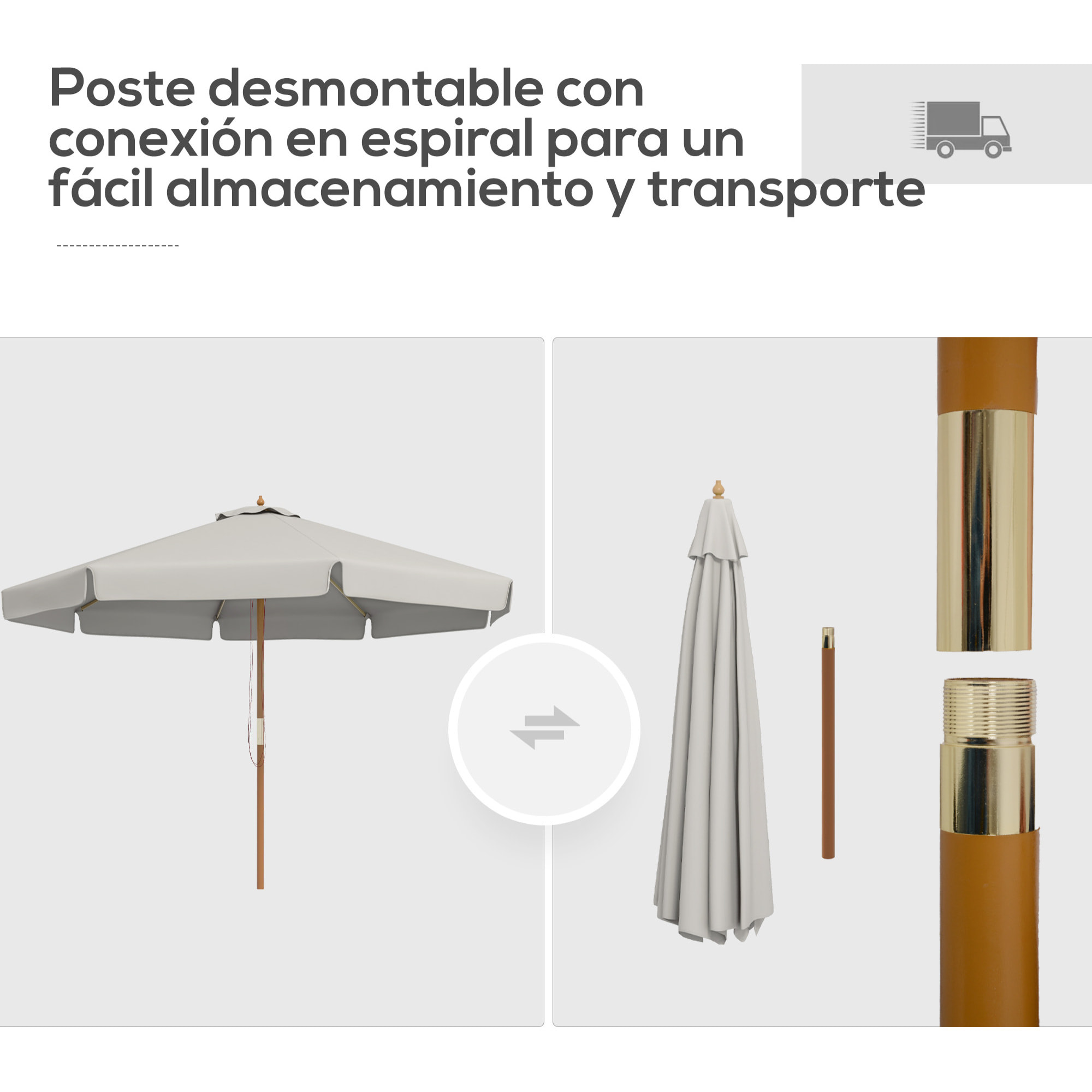 Sombrilla Terraza Exterior Ø325 cm Sombrilla de Jardín con Sistema de Polea Techo Ventilado 8 Varillas de Bambú y Poste de Madera Parasol para Patio Terraza Gris