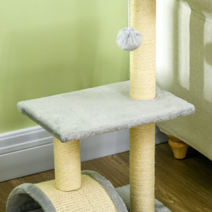 Arbre à chat griffoir grattoir design jeu boule suspendue 2 plateformes peluche sisal naturel gris clair