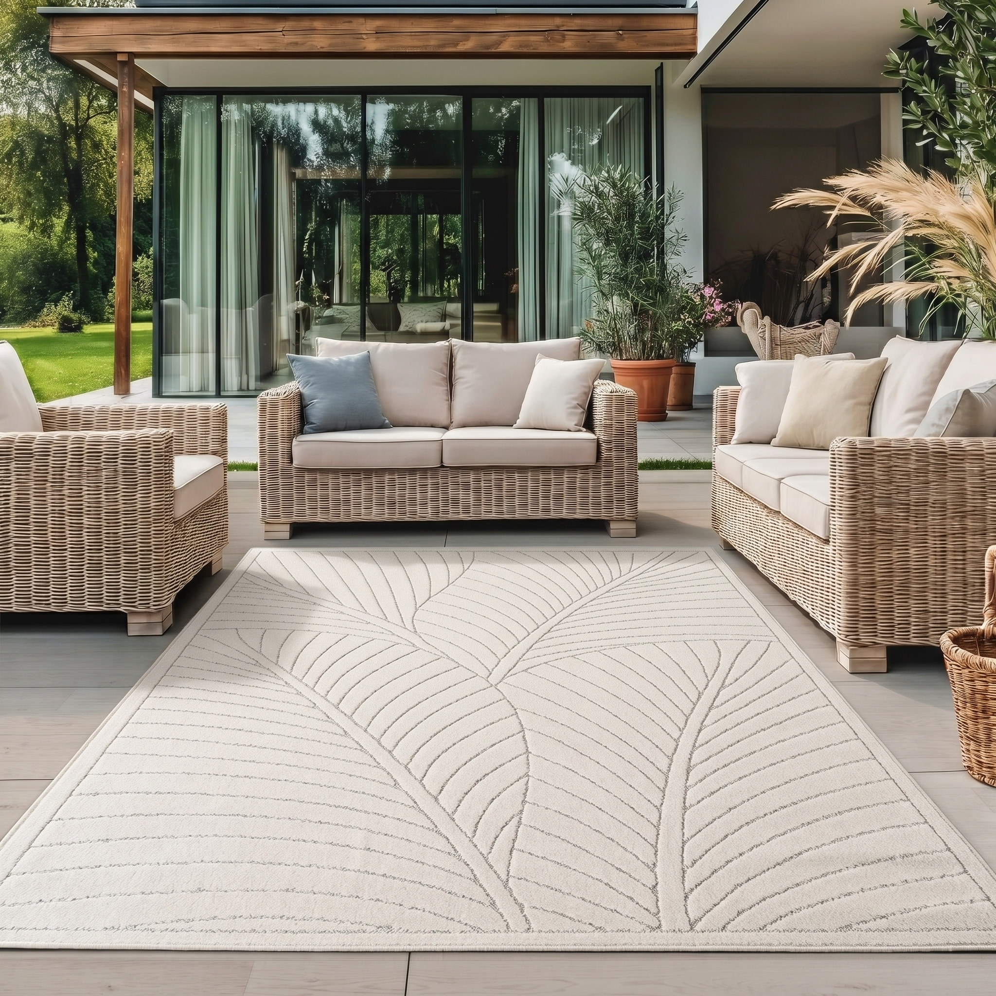 NOVA - Tapis intérieur/extérieur crème à motif feuilles