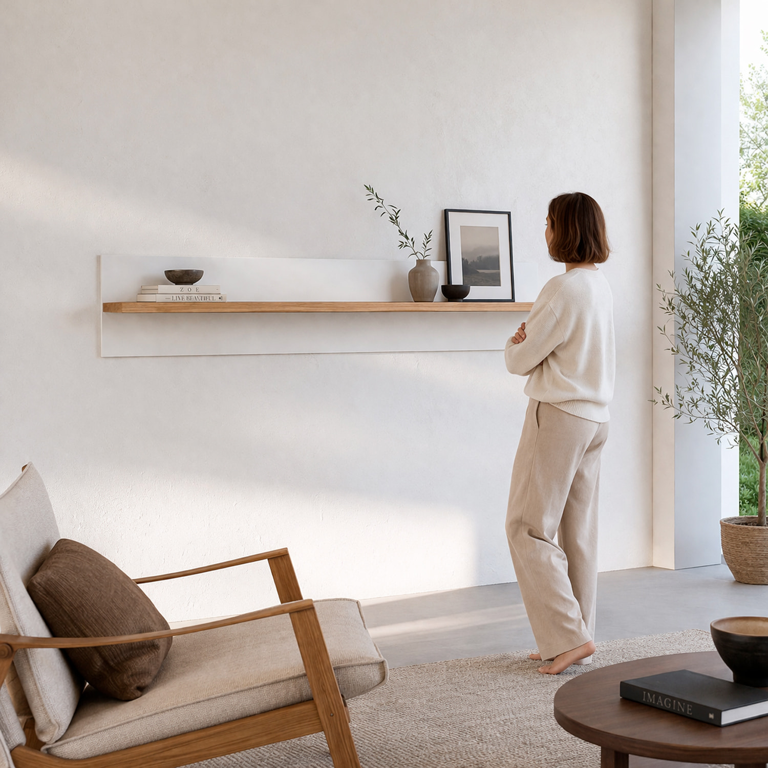 Mensola Da Soggiorno Parete Muro Ripiano Libri Oggetti Decorativa Salotto Arredo Design Moderno Minimal Living Abbinabile 138x20x20 Cm Bianco E Rovere
