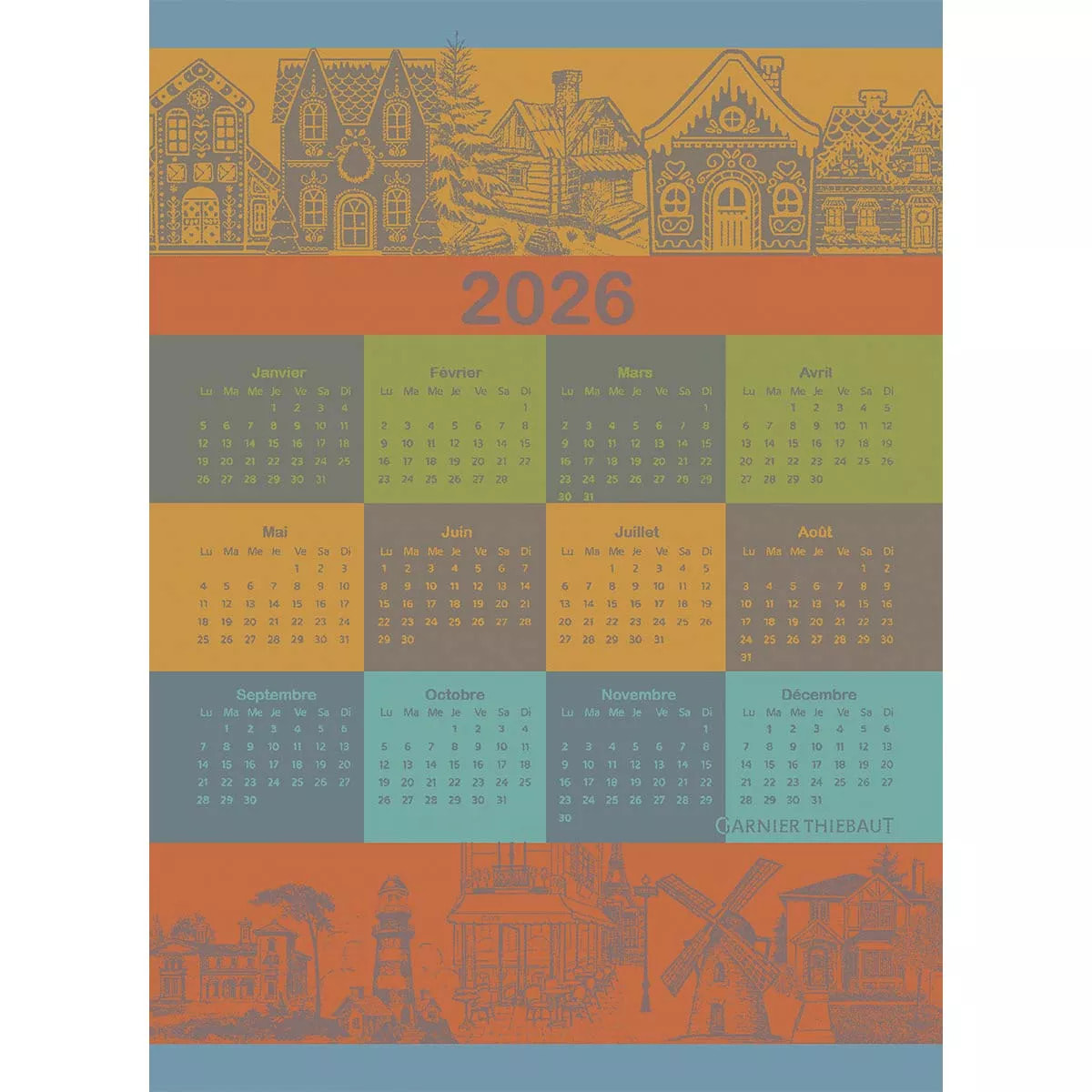 Torchon pur coton motif jacquard vert orange Calendrier 2026 celebration
