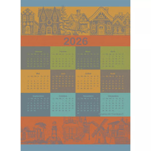 Torchon pur coton motif jacquard vert orange Calendrier 2026 celebration