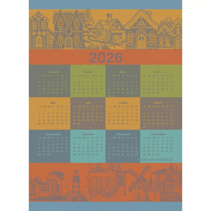 Torchon pur coton motif jacquard vert orange Calendrier 2026 celebration