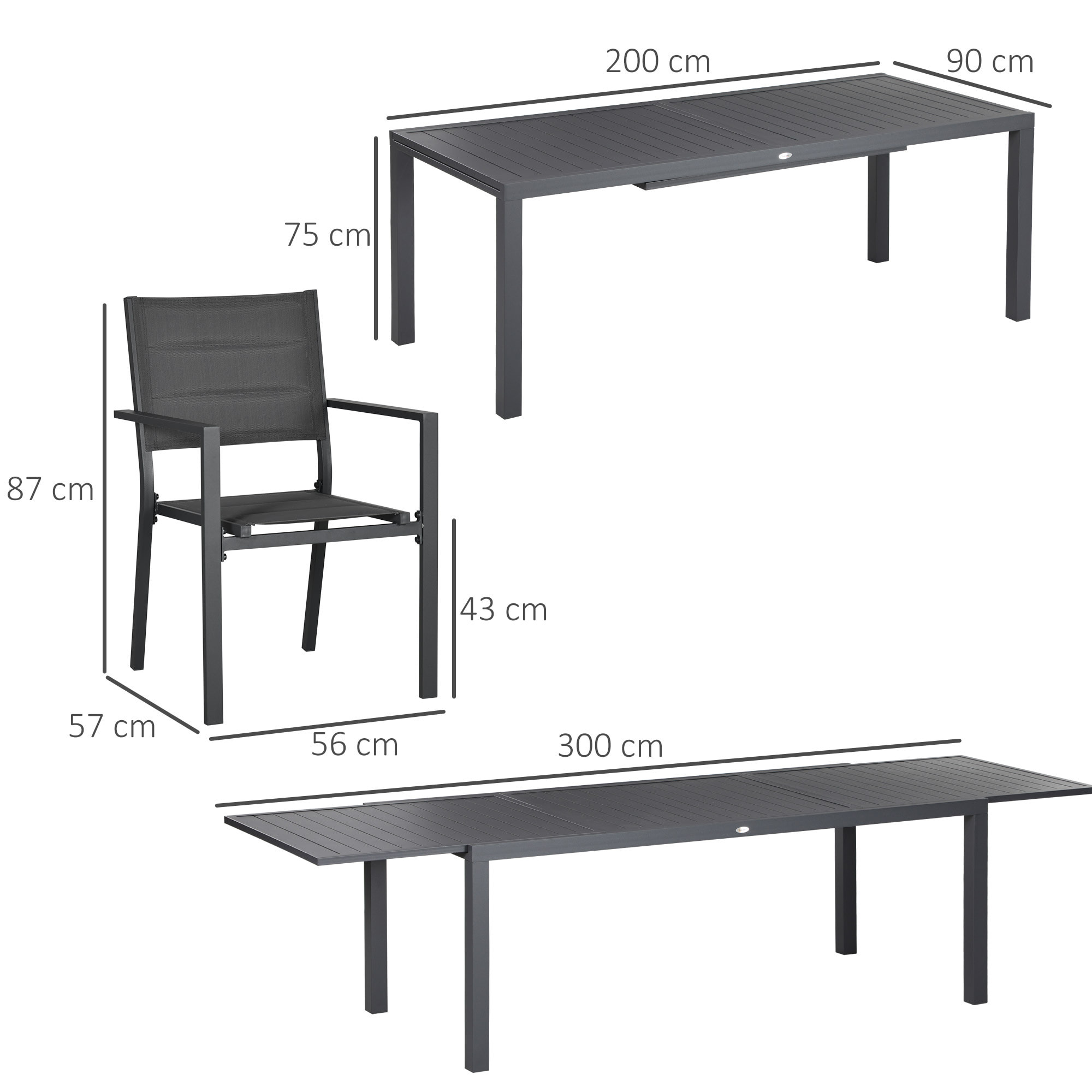 Ensemble de jardin 12 personnes chaises empilables table extensible 200/300L cm alu. textilène gris