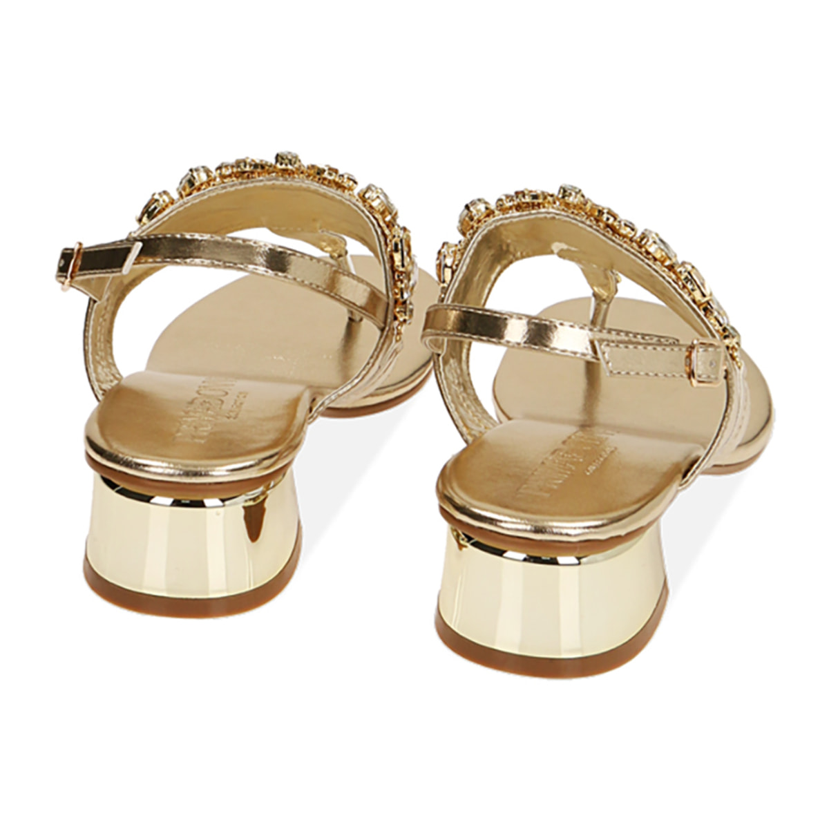 Sandalias planas laminadas en oro, tacón de 3,5 cm