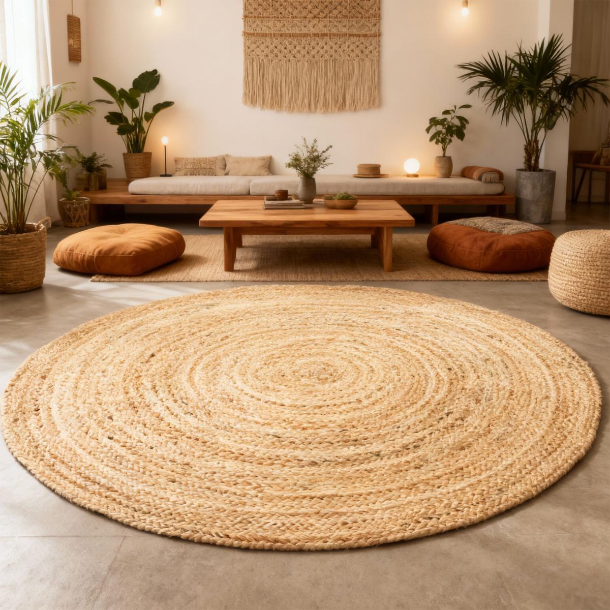Tapis rond fait à la main en jute motif uni LYSA