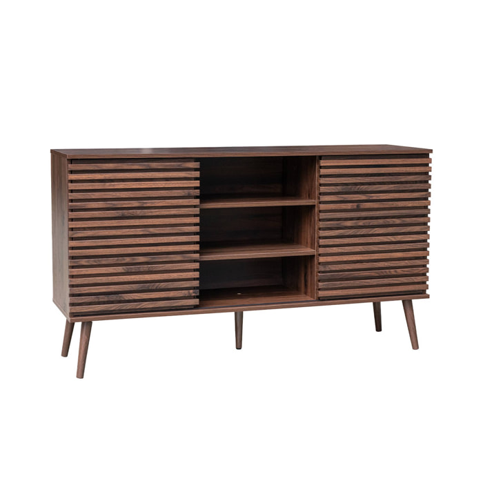 Buffet scandinave décor bois noyer avec 2 portes coulissantes rainurées et 4 étagères. buffet bas. L 140cm