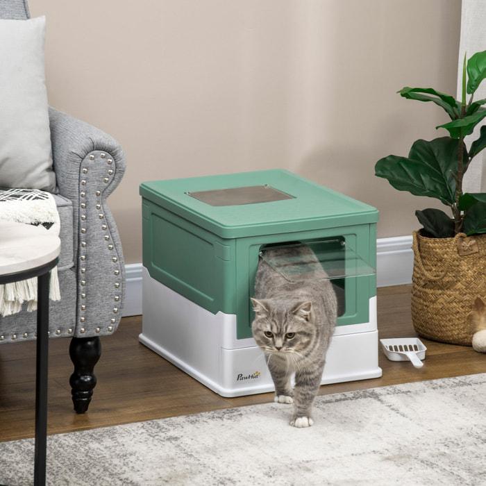 Maison de toilette pliable pour chat - tiroir à litière coulissant, porte battante et trappe transparente, pelle - blanc vert