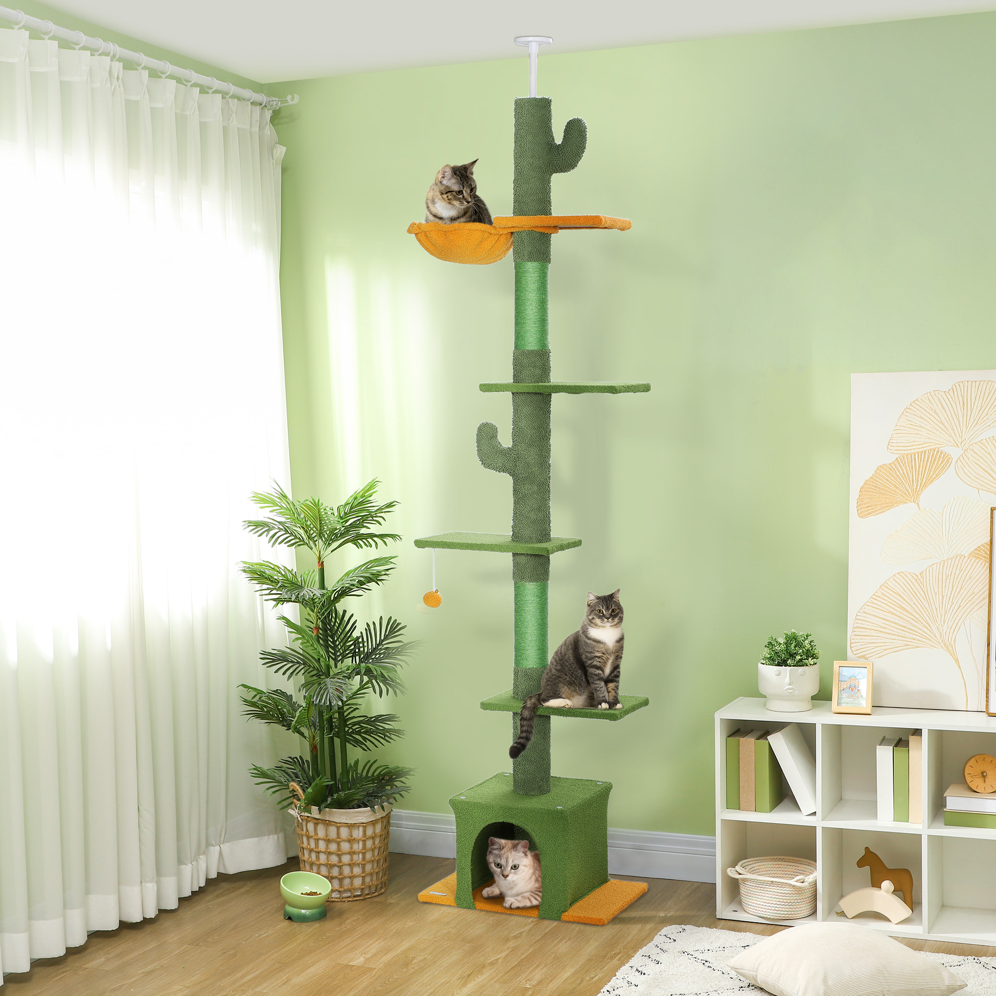 Árbol para Gatos de Suelo a Techo de 230-275 cm, Torre para Gatos con Altura Ajustable, Plataformas, Cueva, Hamaca, Postes de Sisal y Bola de Juguete, Verde