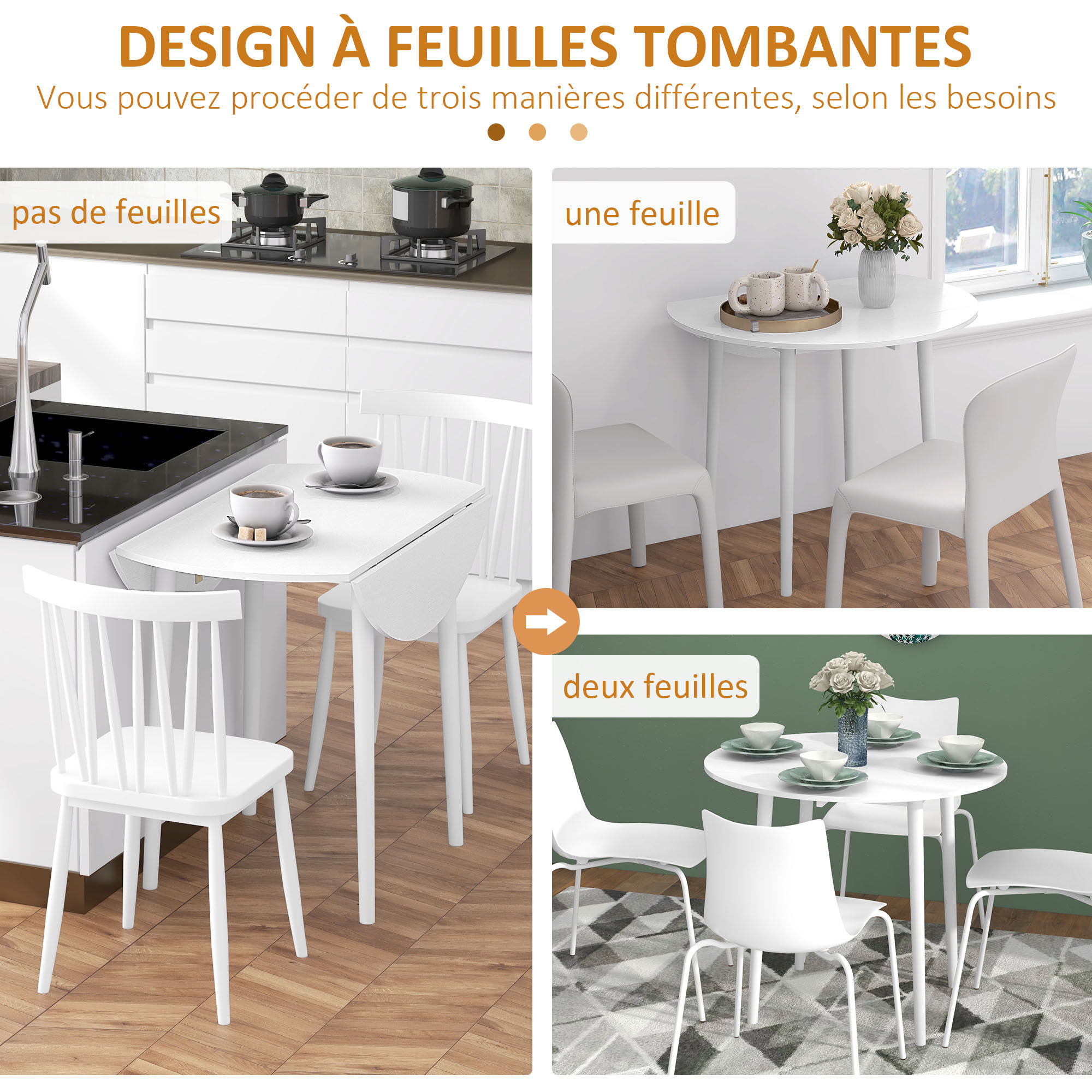 Table à manger ronde 4 personnes - table ronde extensible - table pliable 2 abattants - dia. 89 x 73H cm - bois blanc