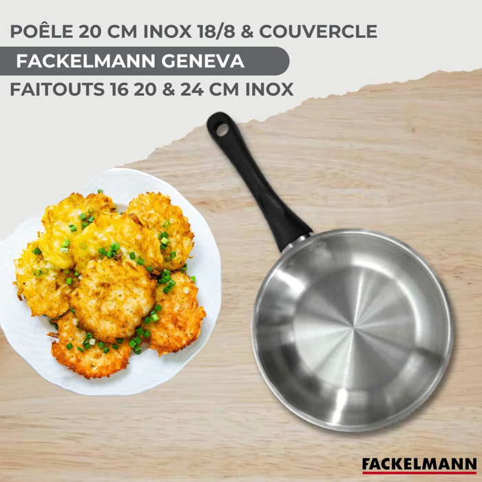 Set de 1 poêle 20 cm inox, couvercle verre, 3 faitouts inox 16, 20 et 24 cm et 6 ustensiles inox Fackelmann Geneva