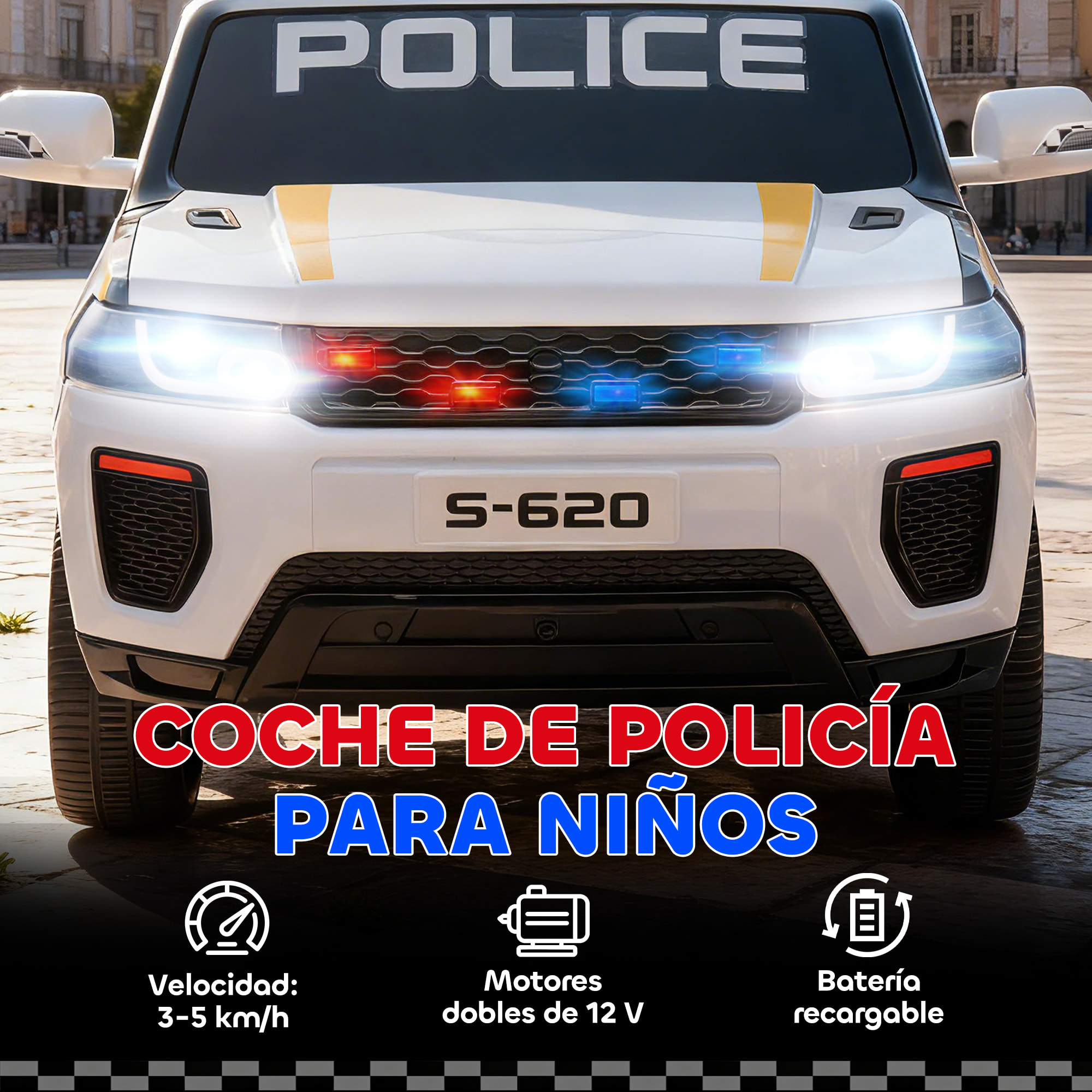 Coche Eléctrico para Niños de Policía, Coche de Batería 12V, con Motor Doble, Mando a Distancia 2,4 G, Suspensión en 4 Ruedas, Sirena, Faros LED, Puerto USB, Blutooth y Música, Blanco