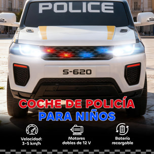 Coche Eléctrico para Niños de Policía, Coche de Batería 12V, con Motor Doble, Mando a Distancia 2,4 G, Suspensión en 4 Ruedas, Sirena, Faros LED, Puerto USB, Blutooth y Música, Blanco