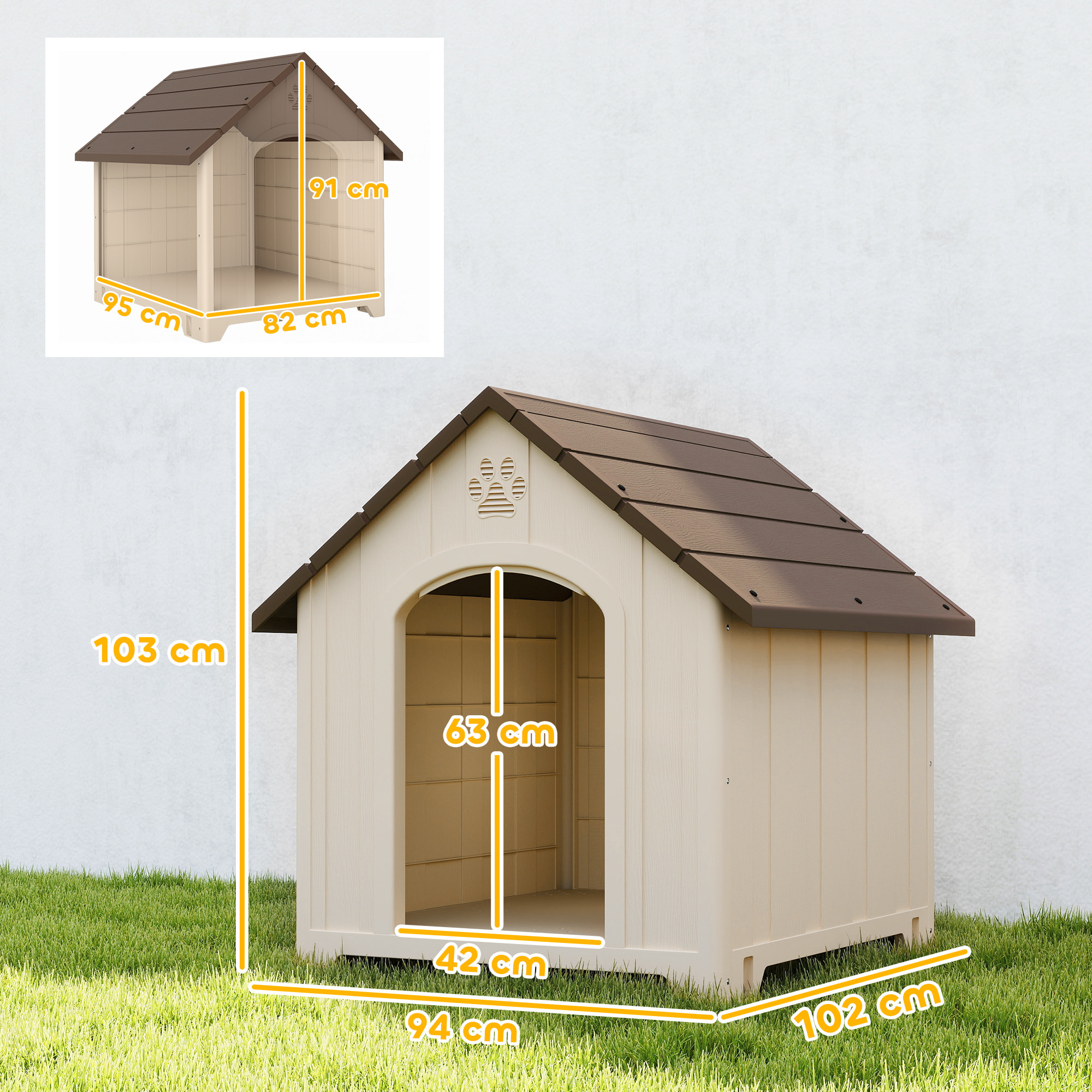 Caseta para Perros Exterior, Casa para Perros Extragrandes de Plástico Impermeable con 2 Ventanas, Base Elevada, Estacas, Fácil de Montar, 102x94x103 cm, Beige