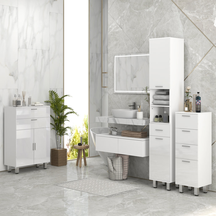 Mueble Auxiliar Baño Moderno Armario de Baño con 2 Cajones Armario y Estantes Ajustables Mueble de Almacenaje para Salón Dormitorio Antivuelco Carga 35 kg 60x30x93 cm Blanco Brillante