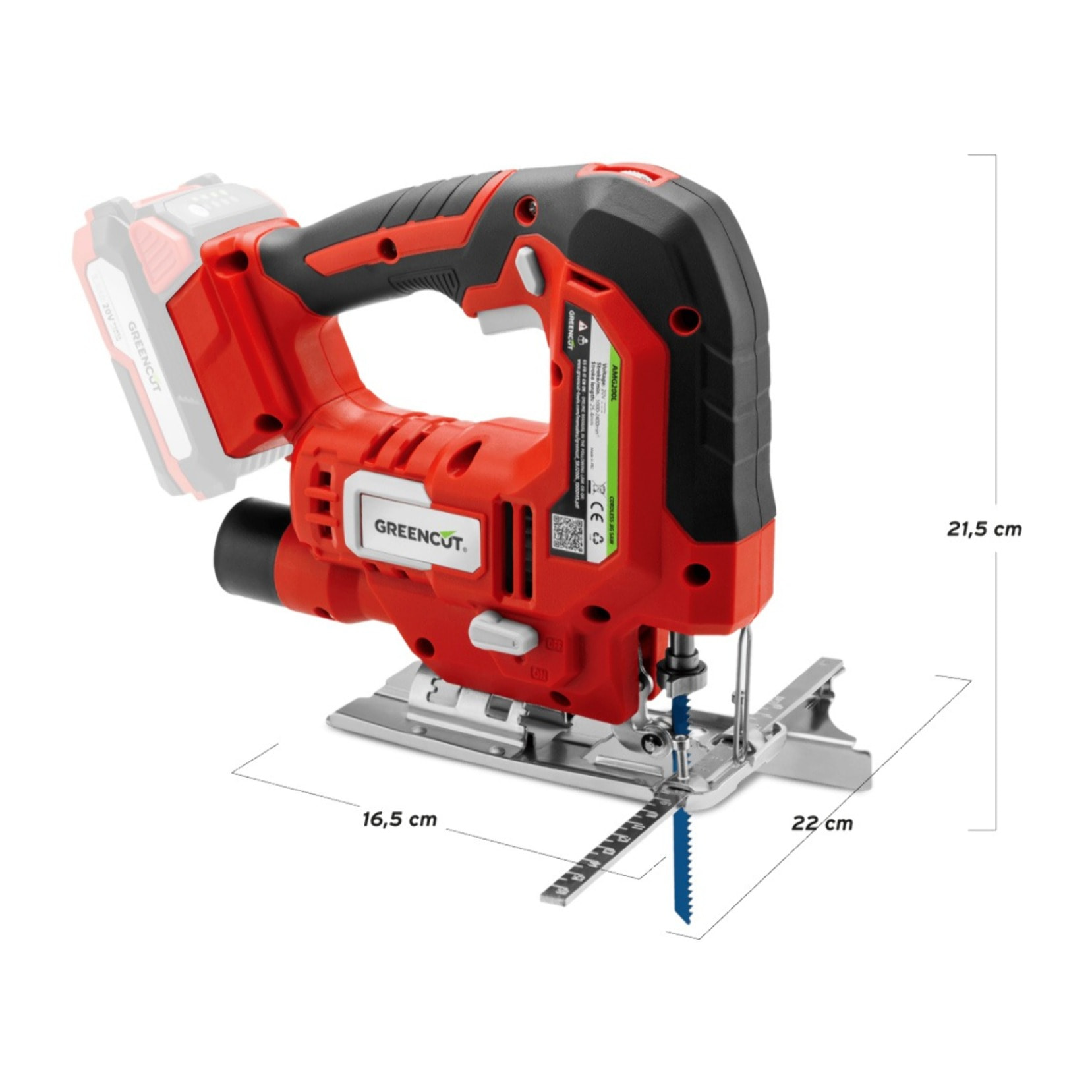 Sierra de calar 20V 4 posiciones de hoja, velocidad ajustable, 65mm de profundidad de corte - Greencut SRJ200L