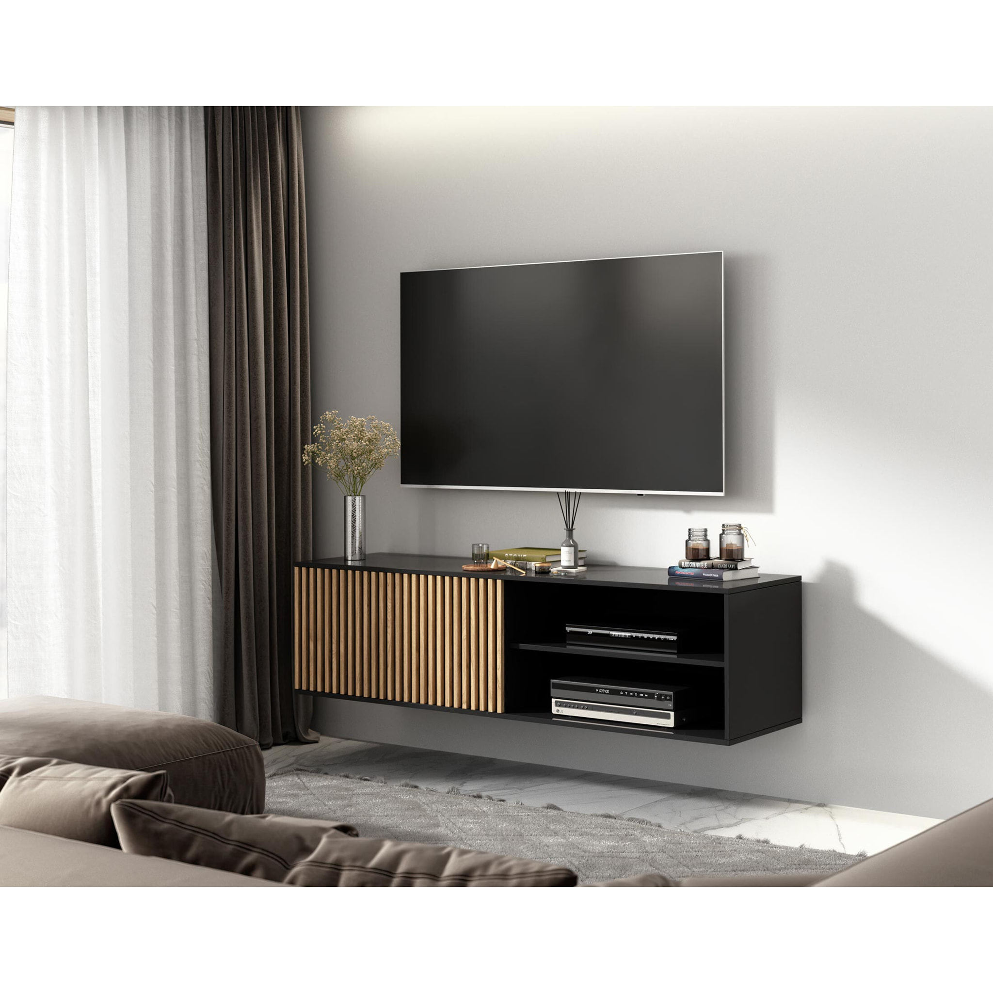 Savanna - meuble TV suspendu - effet bois et noir - 2 niches et 1 porte - 150 cm - Bois / Noir