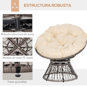 Sillón Papasan Giratorio de Ratán Sintético Silla Ovalada de Mimbre PE con Cojín y Marco de Acero Carga 160 kg para Jardín Patio Terraza 87x97x90 cm Gris y Crema