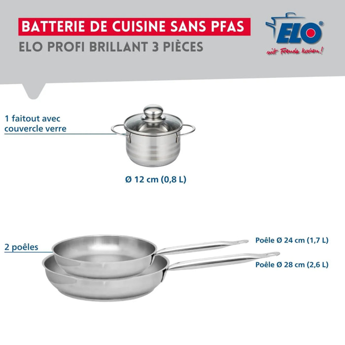 Ensemble de 2 Poêles de cuisson 24 et 28 cm et 1 faitout 12 cm Elo Profi Brillant