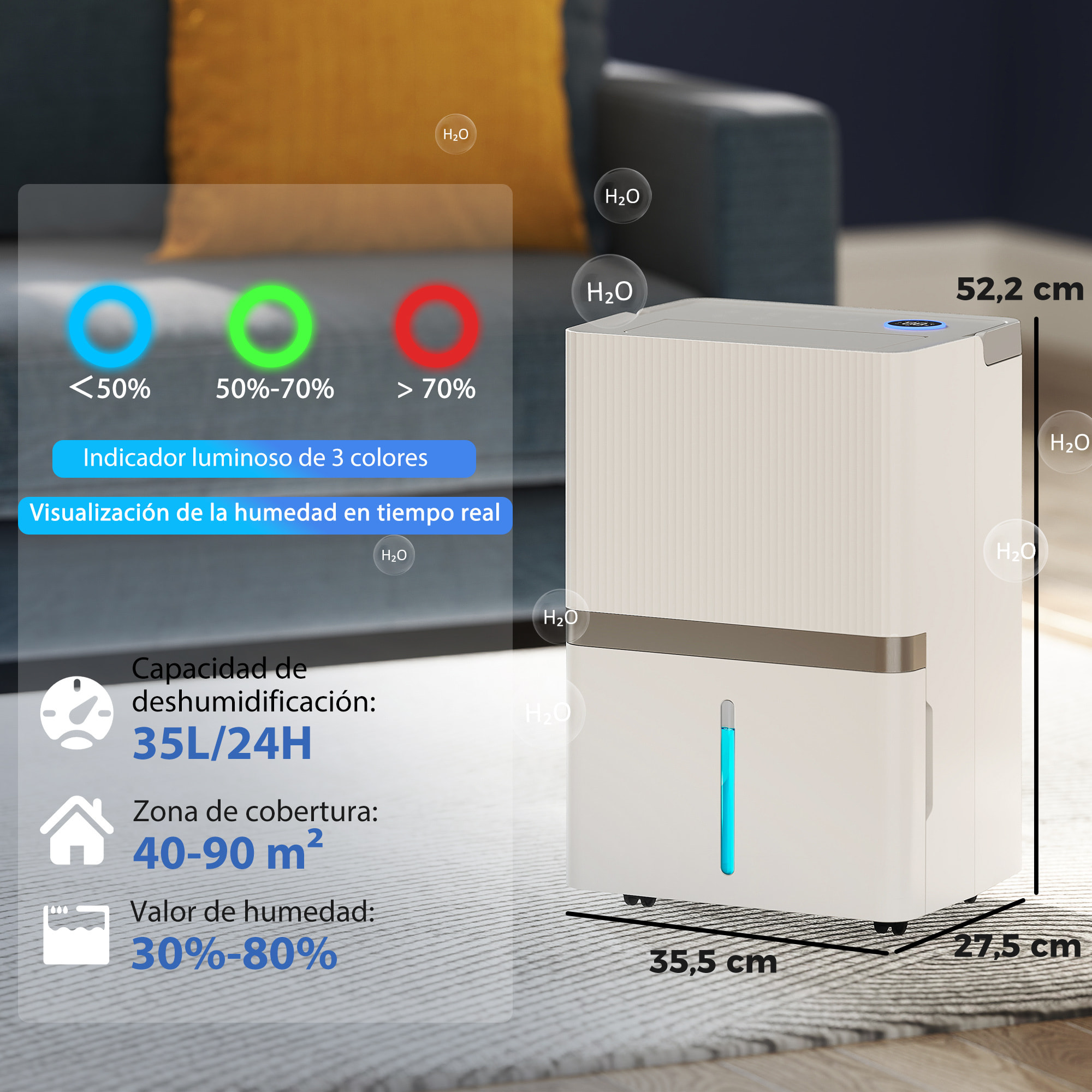 Deshumidificador 35L/Día, Deshumidificador de Humedad, para 40-90 Ã£Å½Â¡, Luz Indicador de Humedad, Depósito 5,5 Litros, Drenaje Continuo, Temporizador 24H, Pantalla LED, Secado Ropa, Blanco