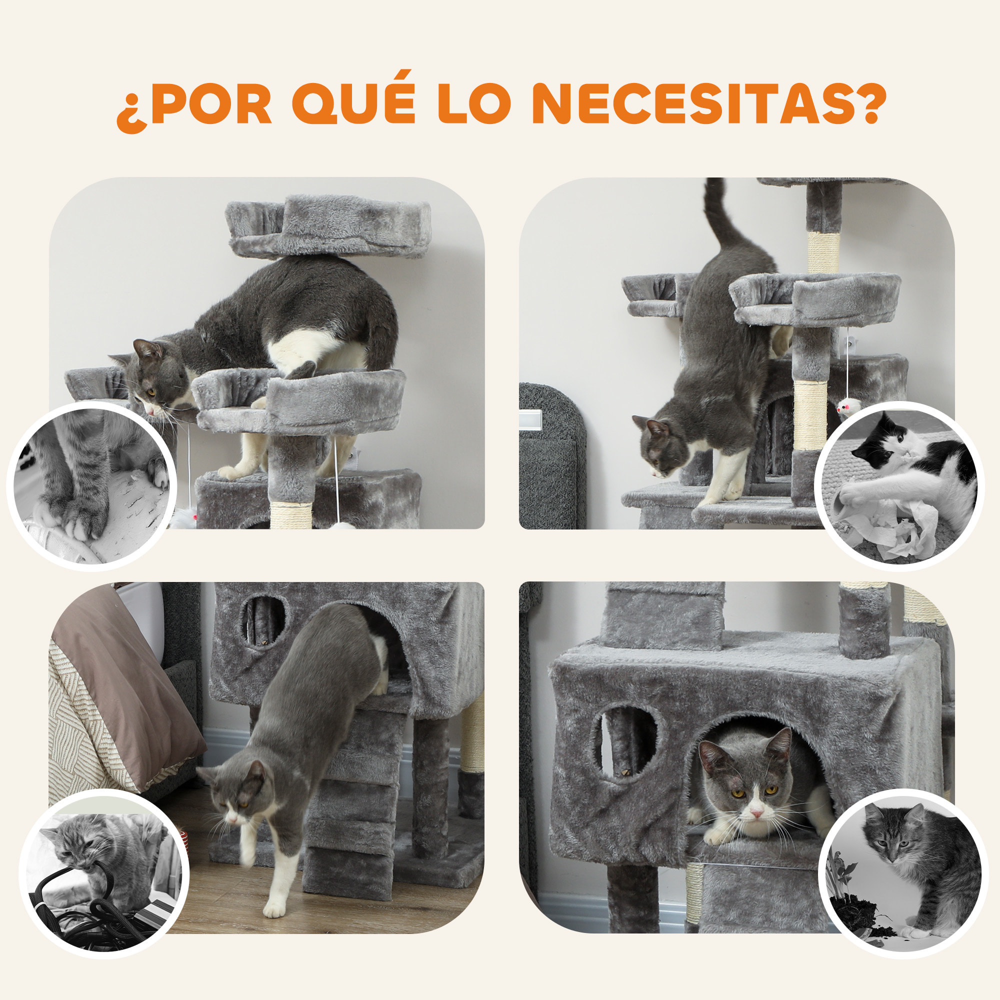 Árbol Rascador para Gatos, Árbol para Gatos 153 cm, Torre Escalador con 2 Cuevas, 3 Camas, 2 Rampas, Postes de Sisal, 2 Ratones Colgantes, Gris