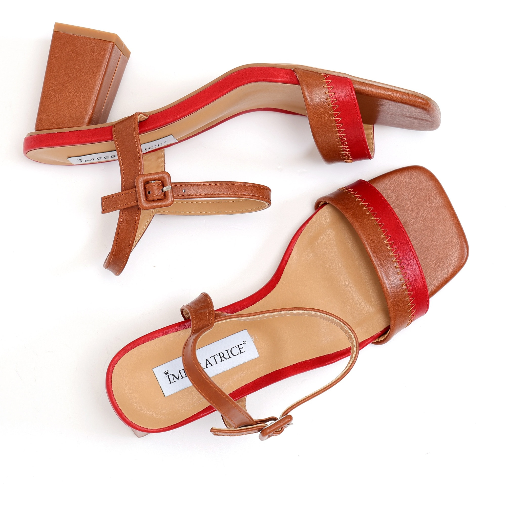 Sandali in simil pelle con tacco quadrato e fascia bicolore