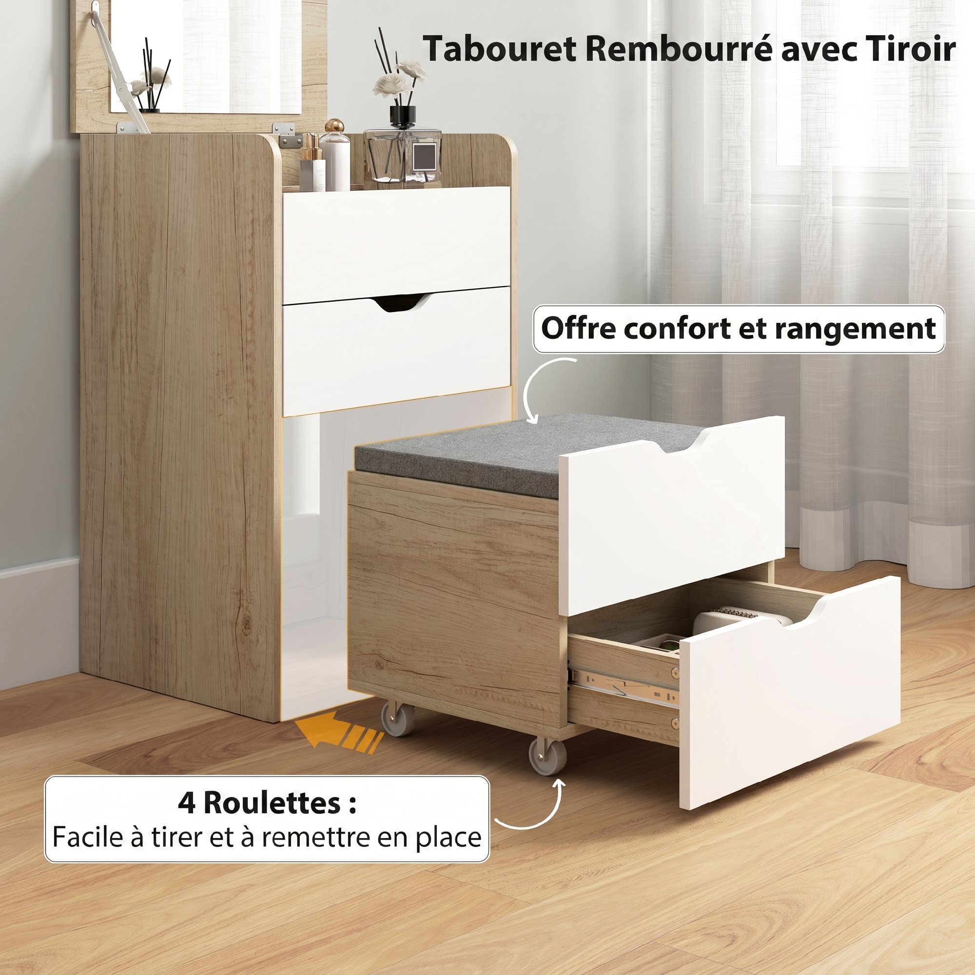 Coiffeuse chevet bureau d'appoint avec tabouret 3 en 1 multi-rangement