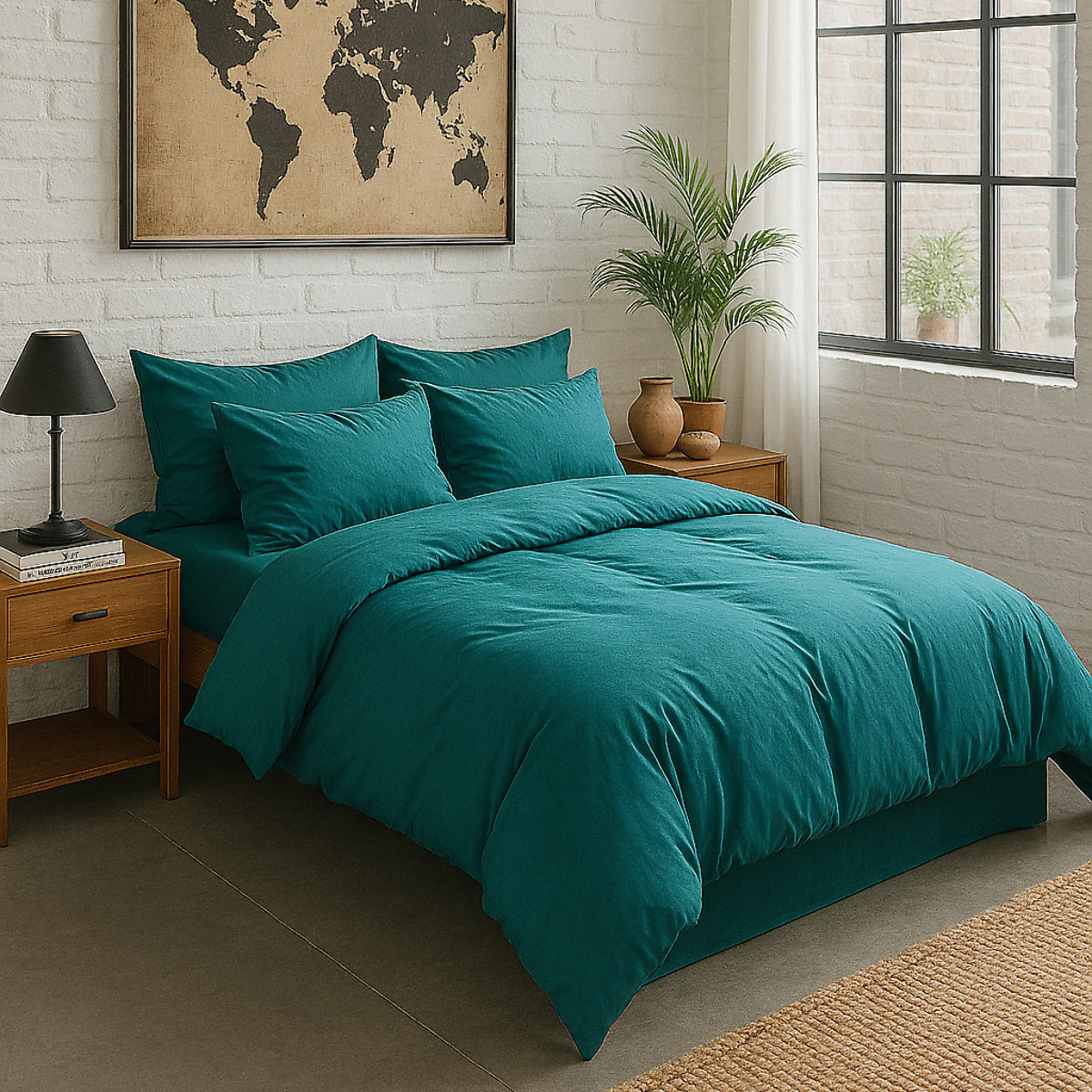 Drap Housse - Bonnet 30cm 100% Percale De Coton Lavé Bleu Canard