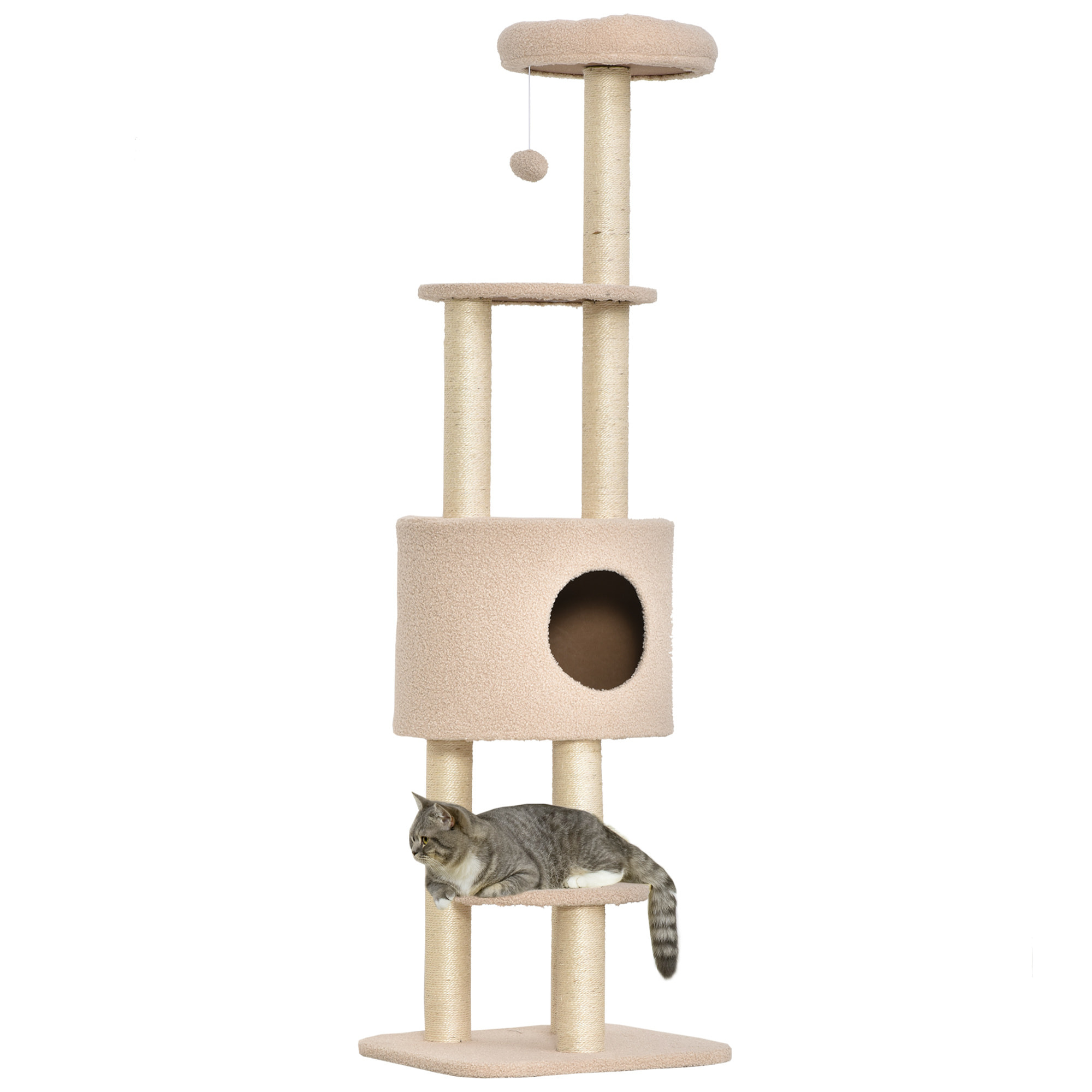 árbol Rascador para Gatos Altura 148 cm árbol para Gatos Torre para Gatos con Postes de Sisal 3 Plataformas Casita y Bola Colgante Beige