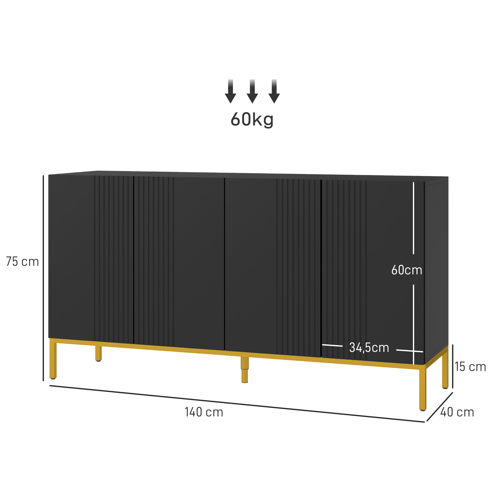 Buffet enfilade design contemporain graphique 2 portes 2 étagères acier doré noir