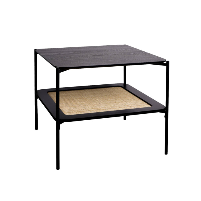 Table basse carrée coloris noir vintage double plateaux effet bois et cannage. piètement et structure en métal noir