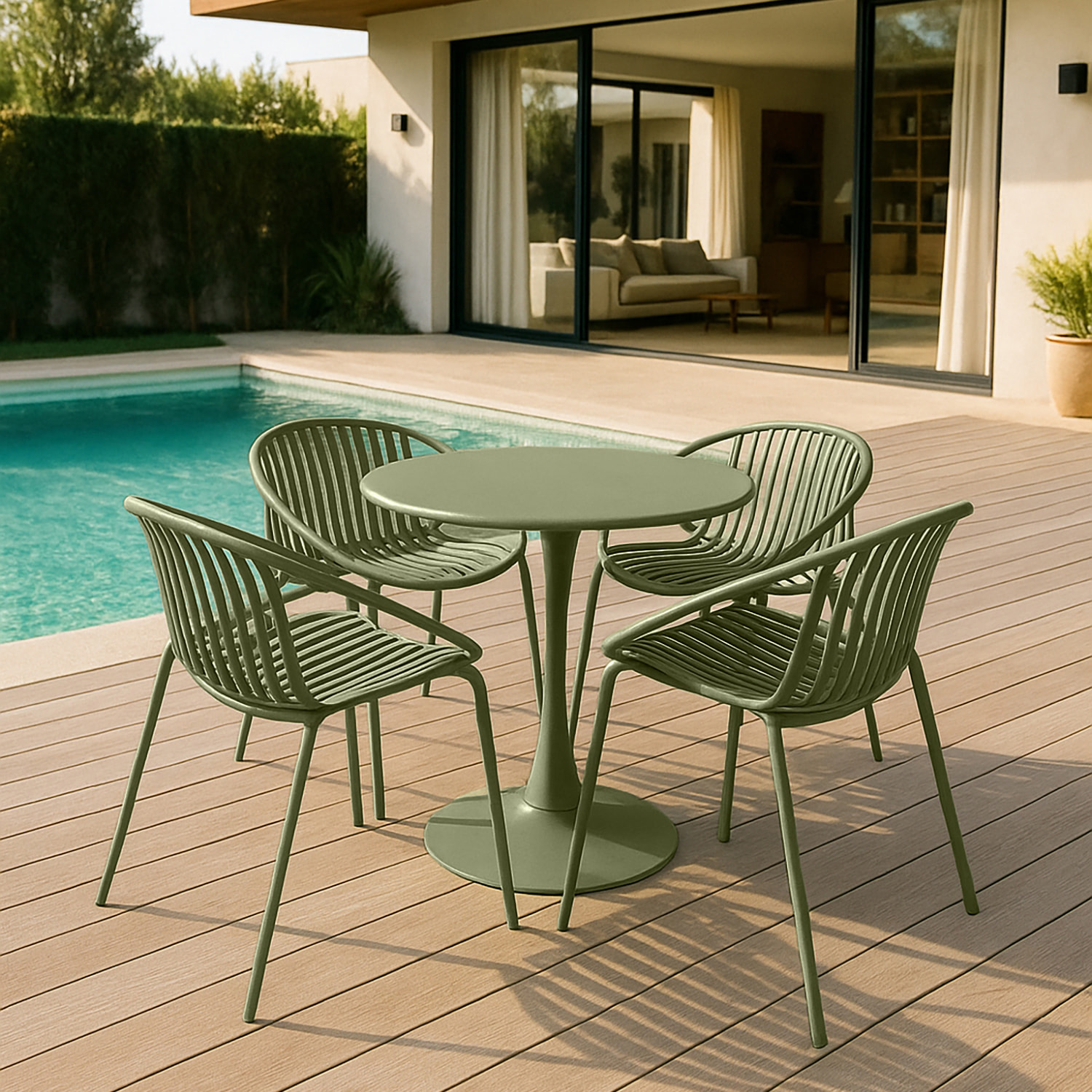 Ensemble de jardin table et 4 fauteuils en polypropylène vert CALYPSO
