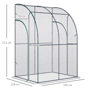Serre de jardin adossée serre adossée dim. 1,43L x 1,18l x 2,12H m 2 portes zippées enroulables acier PVC transparent