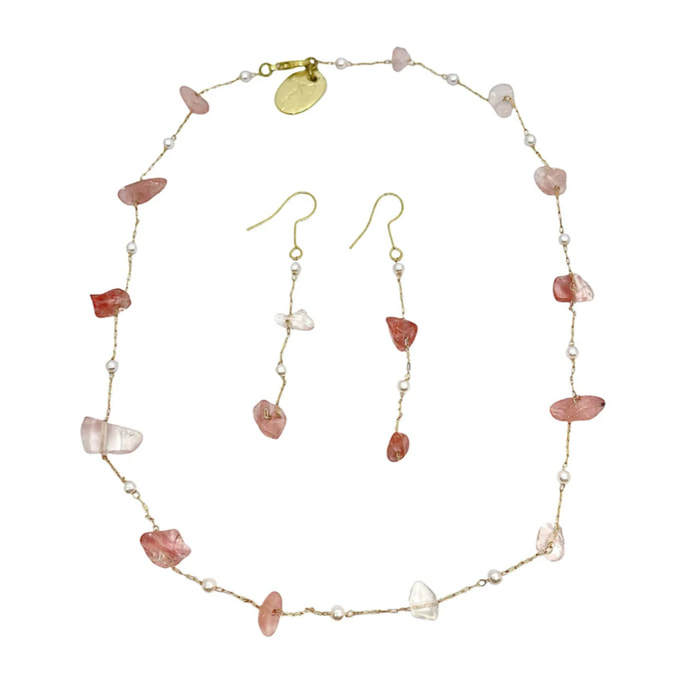 Conjunto quarzo rosa natural irregular collar y pendiente