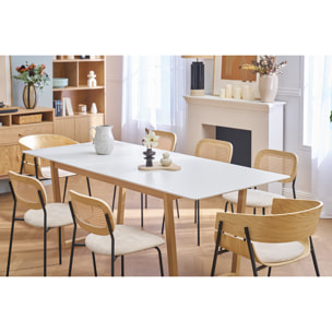 Table à manger extensible rectangulaire rallonges intégrées finition blanc et bois clair chêne massif L160-240 cm LAHO