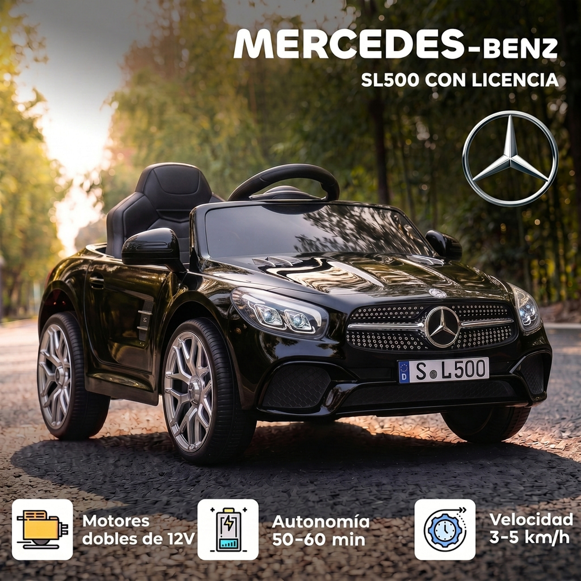Coche Eléctrico para Niños Mercedes-Benz SL500 Coche de Batería Litio 12V con Mando a Distancia 2,4 G 2 Motores Suspensión Arranque Suave Luces Música Claxon Bluetooth 3-5 Años 3-5 km/h Negro