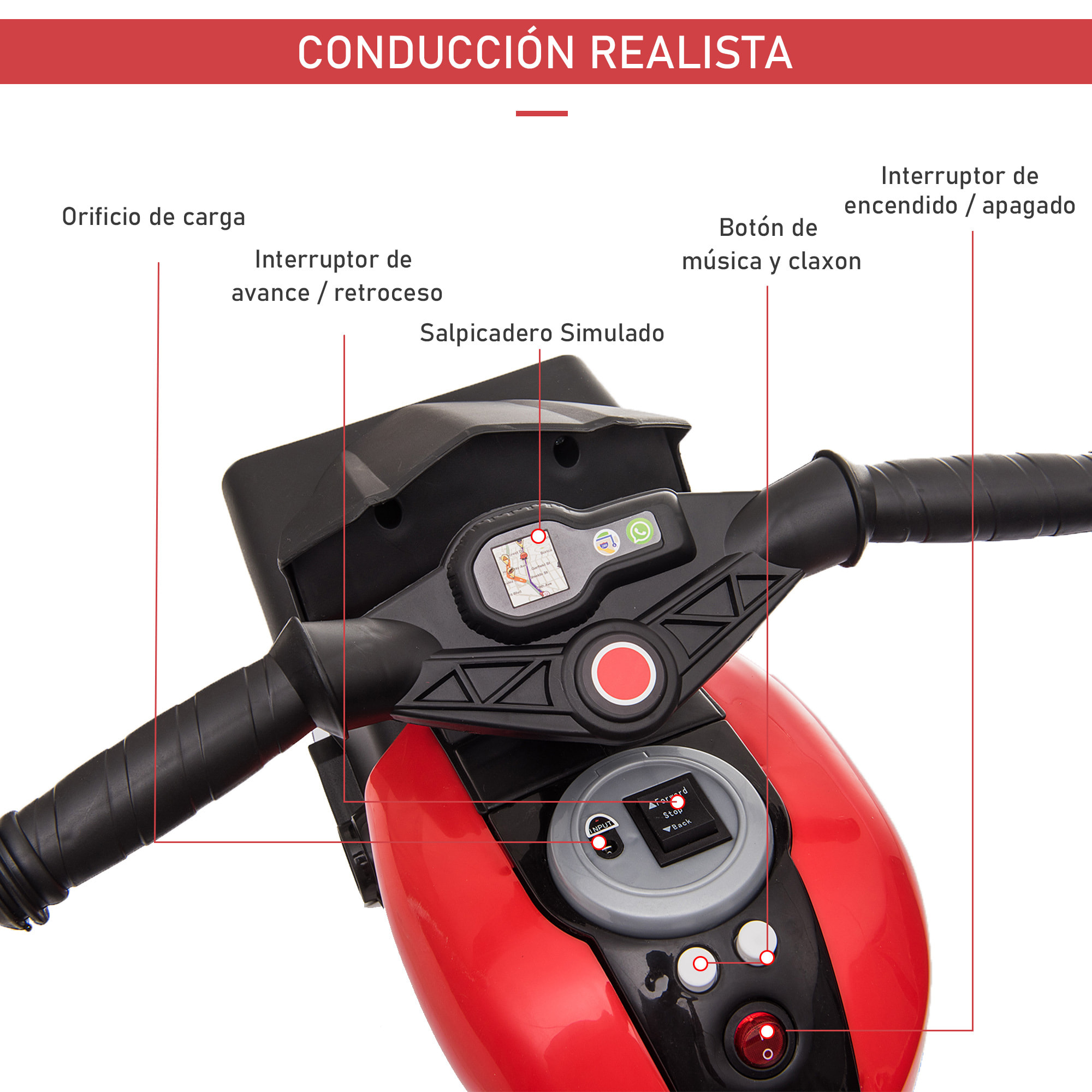 Moto Eléctrica con Luces Música Neumáticos Anchos Rojo