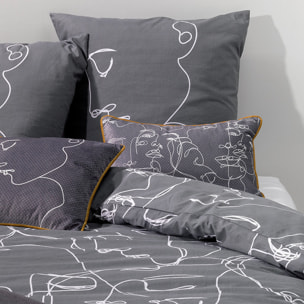 Parure de couette + taies oreiller 100% coton - motif visage abstrait gris