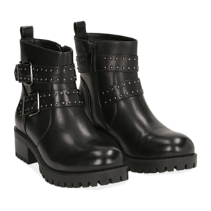 Biker boots con fibbie e borchie neri in eco-pelle, tacco 4,5 cm