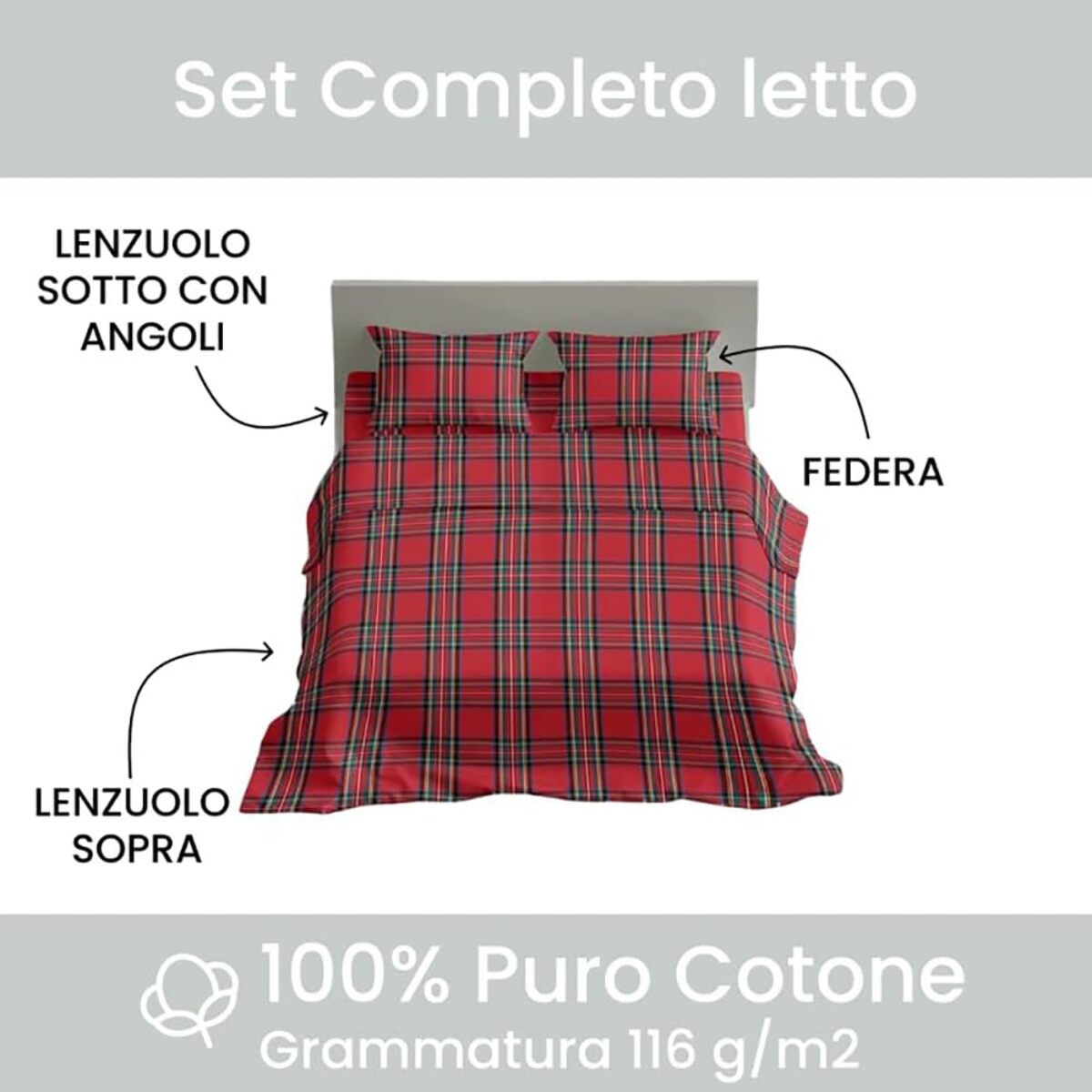 Completo lenzuola in cotone tartan scozzese con federe, set lenzuolo sopra e sotto con angoli, morbido e traspirante, resistente ai lavaggi, design caldo e tradizionale, ideale per inverno e uso quotidiano, qualità Made in Italy