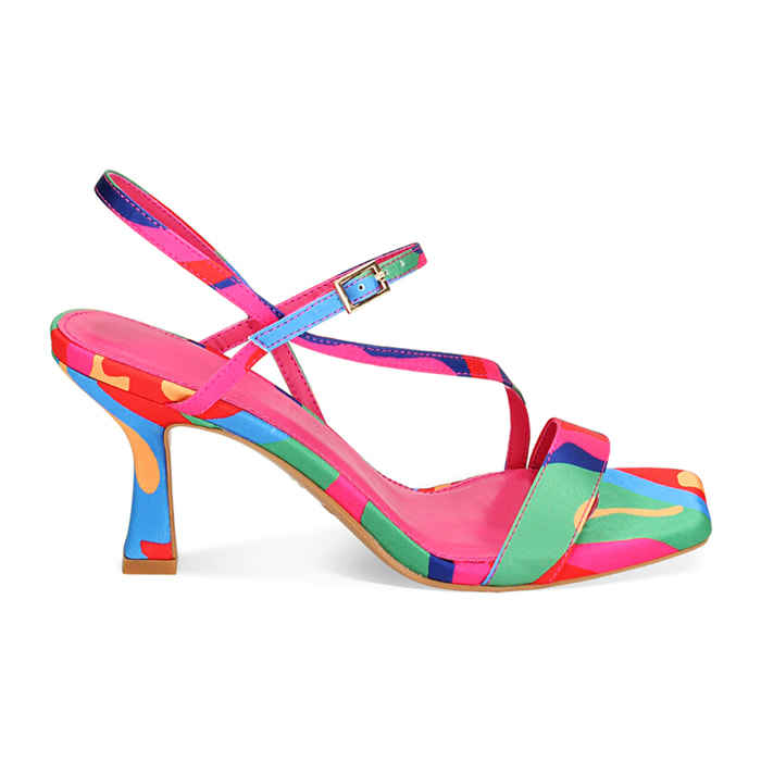 Sandalias con tacón multicolor-verdes en satén