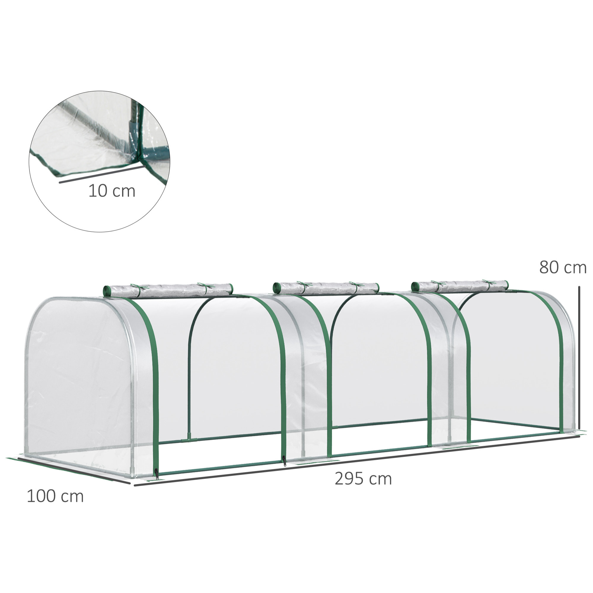 Serre de jardin tunnel 2,95L x 1l x 0,8H m 3 portes zippées bâche PVC transparent métal époxy vert