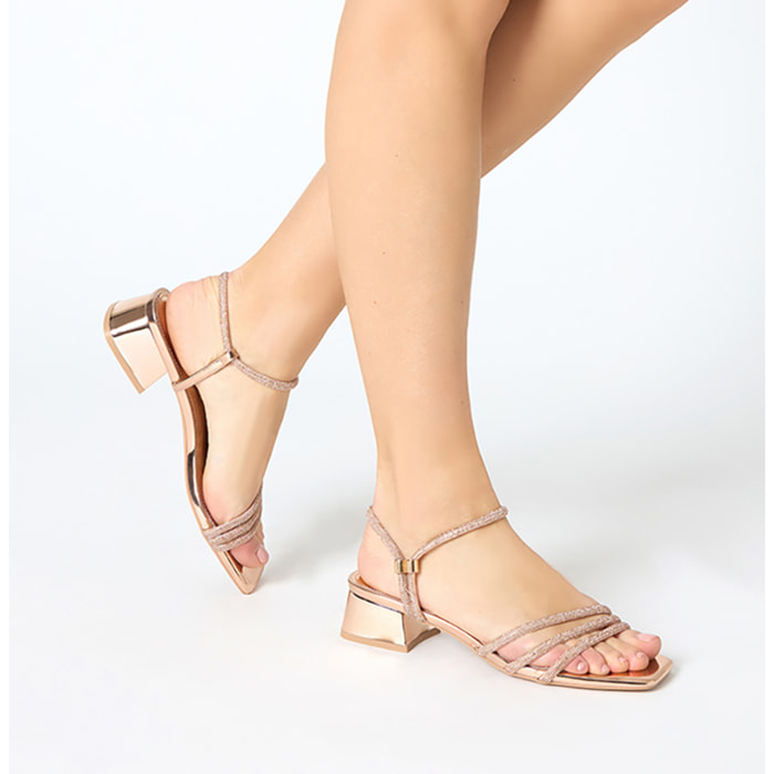Sandalo donna rosa-oro a specchio, tacco 3,5 cm