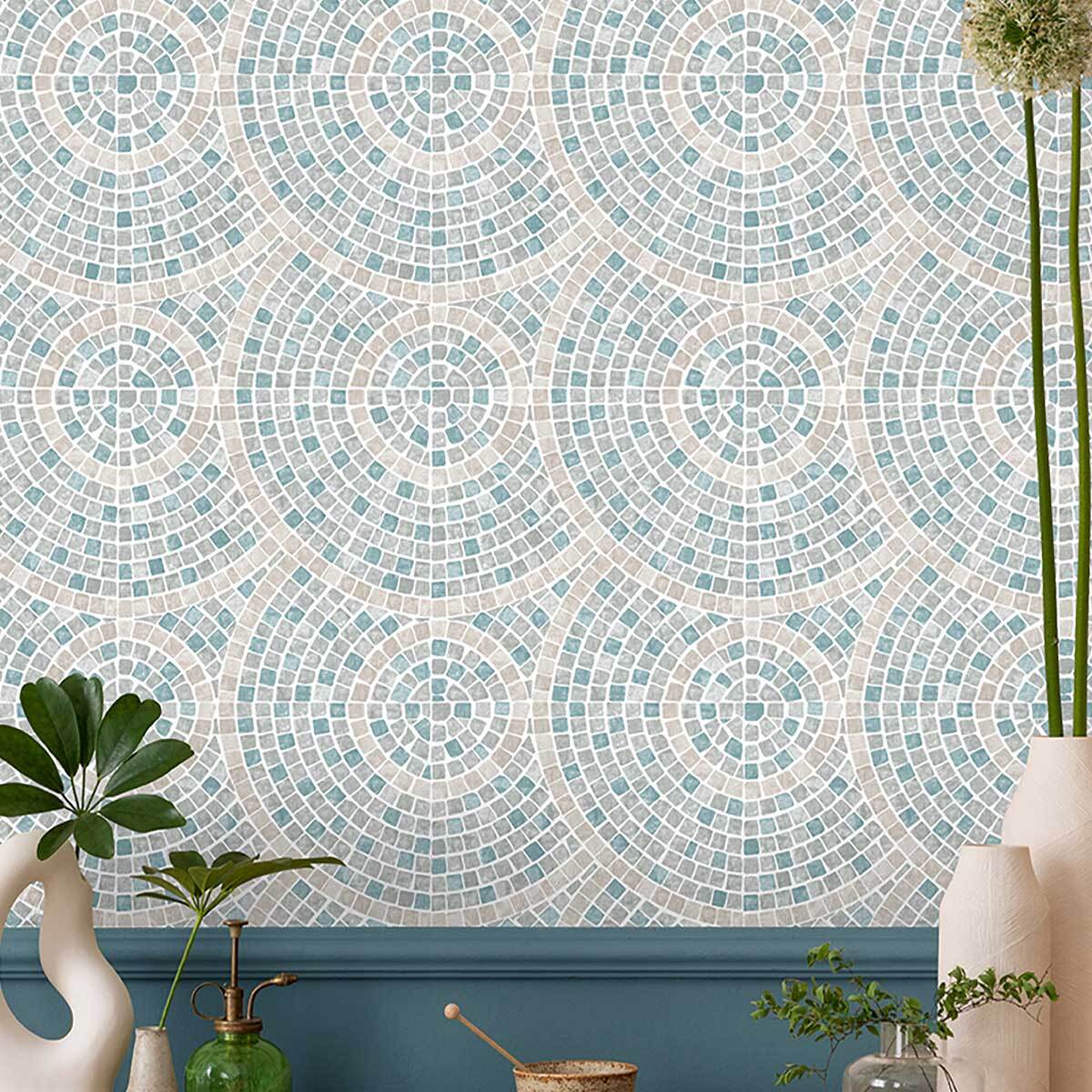 Papier peint mosaïque bleu et beige