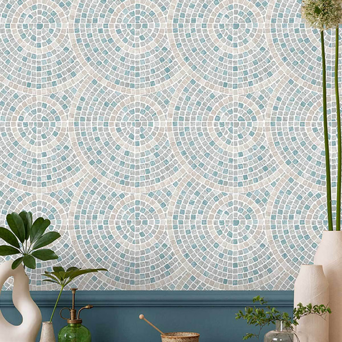 Papier peint mosaïque bleu et beige
