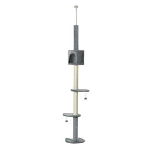 Árbol Rascador para Gatos Altura Ajustable 220-280cm Cueva Bola Colgante Gris