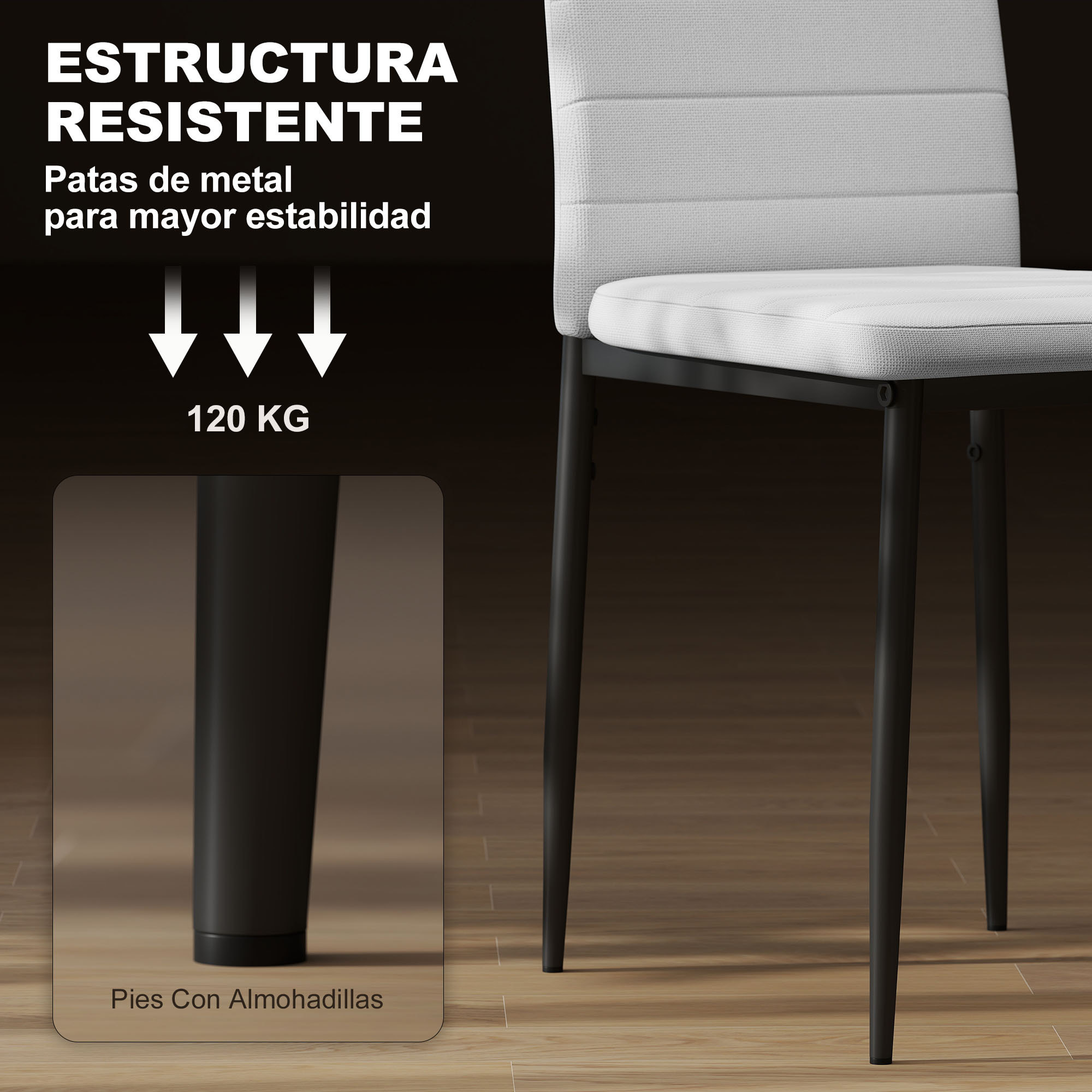 Pack de 6 Sillas de Comedor Modernas, Sillas de Cocina Tapizadas en Lino Sintético con Respaldo Alto y Patas de Metal, para Salón, Blanco