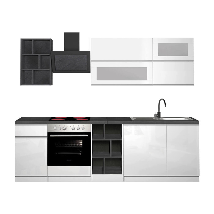 Cucina completa Fonti, Set con dispensa, Mobile per cucinotto, Kit blocco lineare, 100% Made in Italy, 255x60h85 cm, Bianco lucido e Ardesia